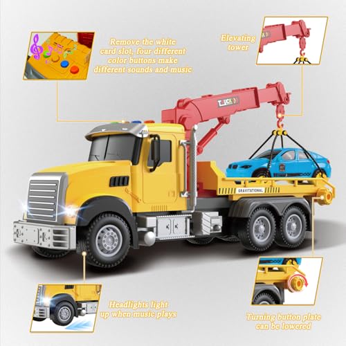 2.4GHz Remote Control Tow Truck for Kids – RC Log Truck with Racing Car, 4 Channel RC Transport Crane Vehicle Toy with Lights & Sounds, 28PCS Traffic Signs, 2 Batteries – Birthday Gift for Boys Girls