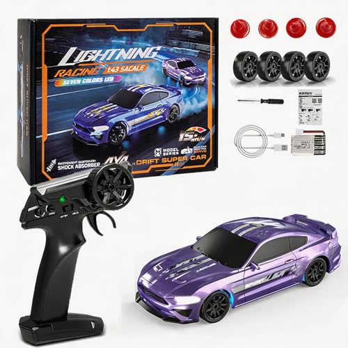 1:43 Scale Mini RC Drift Car, 2.4GHz 4WD Desktop RC Drift Car, 15KM/h Handheld Racing Mini Vehicle with LED Lights, Speed Switching Racing Sport Toy for Adults Teens (Purple) - size: Purple