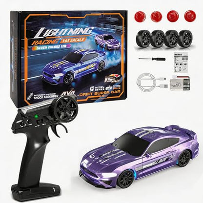 1:43 Scale Mini RC Drift Car, 2.4GHz 4WD Desktop RC Drift Car, 15KM/h Handheld Racing Mini Vehicle with LED Lights, Speed Switching Racing Sport Toy for Adults Teens (Purple) - size: Purple