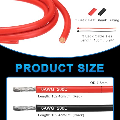 MECCANIXITY 6 Gauge Silicone Electrical Wire Cables, 6 AWG 5ft Black and 5ft Red Electrical Wires High Temp 600V 200C Flexible Stranded Tinned Copper Wires Automotive Cable with Accessories - size: 6 Gauge 2m/5ft