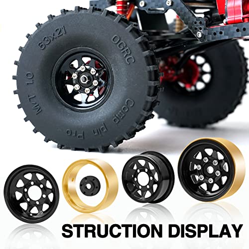 OGRC 1.0 RC Wheel Rims with Brass Rings Deep Dish Wheel Rims 1.0 Beadlock Wheels for 1/18 TRX4M 1/24 SCX24 C10 JLU Deadbolt Gladiator Bronco Crawler Car (Black) - color: Black