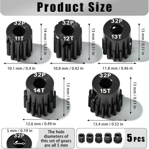 5Pcs 32P Hardened Steel Pinion Gear Set 5mm Shaft 11T 12T 13T 14T 15T Motor Pinion Gear with M4 Screw and Hex Key, for Arrma HPI Kyosho Losi Axial Traxxas Tamiya 1/10 RC Car and 540/550 Motors - size: 32P-HSP-5mm-11-15T