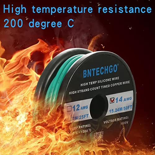 BNTECHGO 14 Gauge Silicone Wire Spool 50 ft Green Flexible 14 AWG Stranded Tinned Copper Wire | Flexible 14 AWG Stranded Wire Silicone Rubber Insulation For RC Models, Drone, Robot, Battery, EV Charger, 3D Printer, DIY - color: Green, size: silicone wire