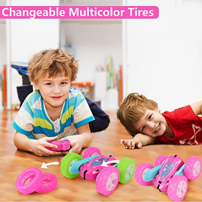 FREE TO FLY Remote Control Car for Girls : Pink RC Car Double Sided 360°Flip Stunt Cars with Headlights & WheelLights Rechargeable Toy Car Birthday Gifts for Girl Kids Age 6 7 8 9 10 11 12 Year Old - color: Pink Rose