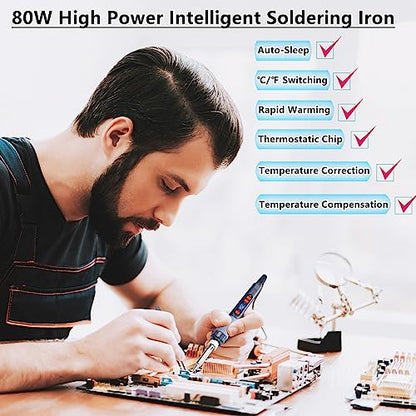 Soldering Iron Kit, 80W Electric Solder iron, Adjustable Temperature (180°C- 500°C）, With Multimeter, Magnifier Welding Helping Hand, Heat shrink tubing, Solder Wire, Desoldering pump. - color: Red (14-in-1 Soldering Iron Kit)