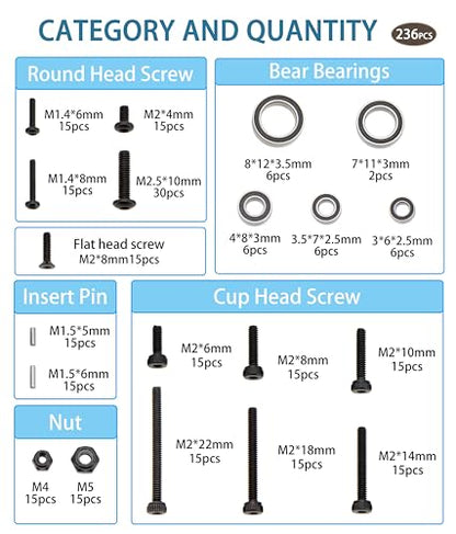 MEUS RACING Ascent 18 Bushings Bearings Screws 236pcs Kit for Redcat Ascent-18 1/18 RC Crawler Upgrade Parts