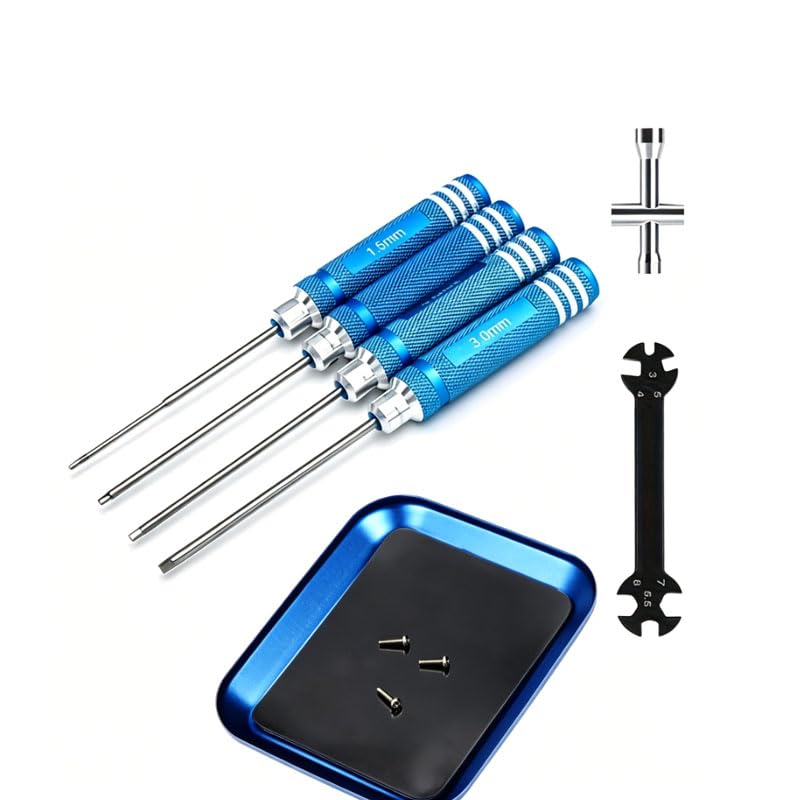 RC Car and Drone Repair Tools: 1.5, 2.0, 2.5, 3.0 mm Hex Screwdrivers, Socket Wrenches, and Small Adjustment Wrenches for Rods Suitable for: 1/5, 1/8, and 1/10 Scale Models (Blue 4-Piece Set)
