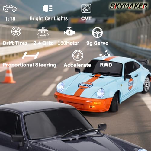1/18 Porsche 911 RWD RC Drift Car with Metal Tires (Blue) | 1/18 RWD Drift Car with Metal Tires, 2.4GHz Remote & Gyro for Adults (Blue) - color: Porsche 911 Blue & Black
