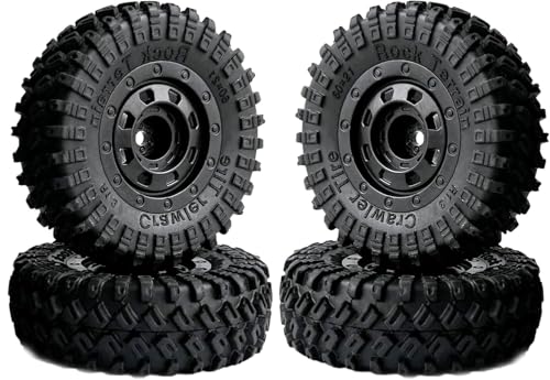 4Pack 1.3-inch beadlock wheels and rubber tire set suitable for 1/18 1/24 RC off-road vehicles compatible with Axial SCX24 TRX4M FMS FCX24 Enduro24 upgrade kits.