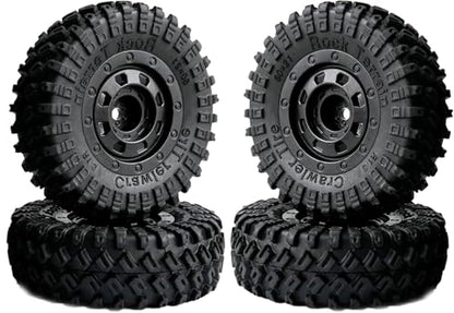 4Pack 1.3-inch beadlock wheels and rubber tire set suitable for 1/18 1/24 RC off-road vehicles compatible with Axial SCX24 TRX4M FMS FCX24 Enduro24 upgrade kits.