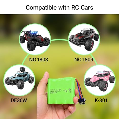 7.4V 1500mAh Battery with SM-4P Plug and Charger Cable for DE36W DE65 1803 1809 Remote Control Cars 1:12 Monster RC Truck Baggy Crawler Battery (2Pack)