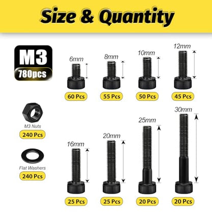 Kadrick M3 Screws Kit 780PCS, Optimized Hex Socket Head Cap Screws Assortment with More Screws & Smarter Size Distribution, Class 12.9 Alloy Steel, Black Zinc Plated M3 Bolts for 3D Printing & DIY - size: M3 780Pcs New
