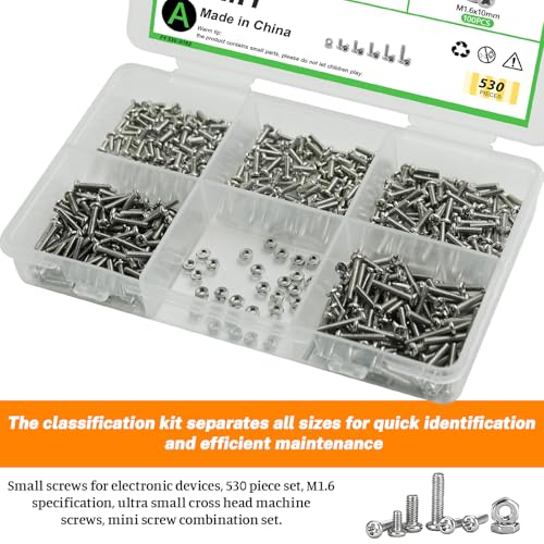 530Pcs 304 Stainless Steel Metric Micro Screws Nuts Assortment, M1.6x4/5/6/8/10mm Sizes, Phillips Pan Head, Fully Threaded Kit for Arduino, RC Models, Electronics, DIY Projects - size: M1.6x4/5/6/8/10-530Pcs