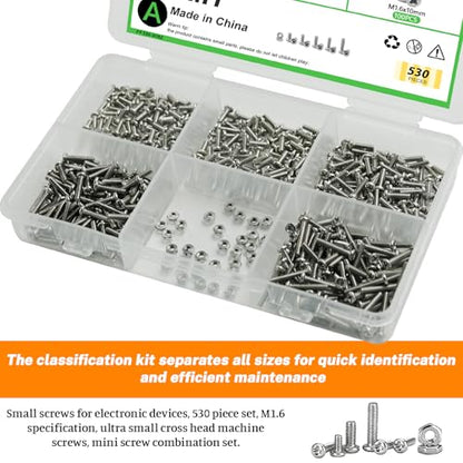 530Pcs 304 Stainless Steel Metric Micro Screws Nuts Assortment, M1.6x4/5/6/8/10mm Sizes, Phillips Pan Head, Fully Threaded Kit for Arduino, RC Models, Electronics, DIY Projects - size: M1.6x4/5/6/8/10-530Pcs