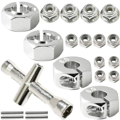 Aluminum 12mm Hex Wheel Hub 4Pcs w/Axle Pin M4 Flange Lock Nut Standard M3 M4 Nut 6mm Thickness Wheel Drive Adapter for 1/10 Traxxas HSP Redcat Rc4wd Tamiya Axial SCX10 WLtoy RC Car(25Pcs) - color: Silver, size: 6.0