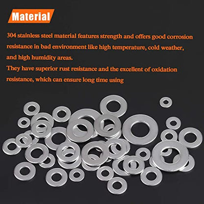 HELIFOUNER 270Pieces 8 Sizes Stainless Steel Flat Washers Assortment Kit, 1/2 3/8 5/16 1/4 12# 10# 8# 6#