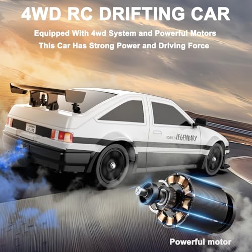 Remote Control Car RC Drift Car 1:16 Scale 4WD 18KM/H High Speed Model Vehicle 2.4GHz with LED Lights Spray Rubber Tire Racing Sport Toy for Adults Boys Girls Kids Gift 2Pcs Rechargeable Batteries - color: A-white