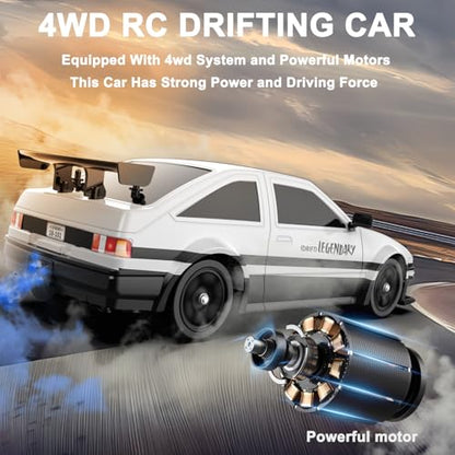 Remote Control Car RC Drift Car 1:16 Scale 4WD 18KM/H High Speed Model Vehicle 2.4GHz with LED Lights Spray Rubber Tire Racing Sport Toy for Adults Boys Girls Kids Gift 2Pcs Rechargeable Batteries - color: A-white