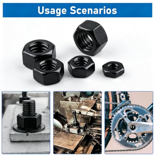 SAE Black Hex Nuts, 178 Pack A2-70 Inch Coarse Thread Hardware Nuts | #6-32 #8-32 #10-24 1/4"-20 5/16"-18 3/8"-16 Sizes, Black Zinc Plated, Rust Resistant for Auto & Machinery Repair - color: Black, size: SAE