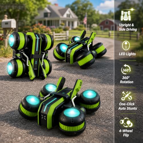 High Speed RC Stunt Car 25KM/H, 2.4GHz 4WD Remote Control Drift Car | Upright & Side Driving, One-Click Auto Stunts, Tire Flipping, 360° Rotation, Birthday Toy Gift for Kids Boys Ages 4-12 - color: Green