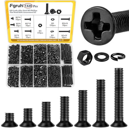 1320pcs M3 Countersunk Screws Assortment Kit, M3x4/6/8/10/12/16/20 mm Phillips Flat Head Bolts and Nut Assorted Set, Machine Screws Grade 8.8 Alloy Steel Black Zinc Plated - size: M3 1320pcs