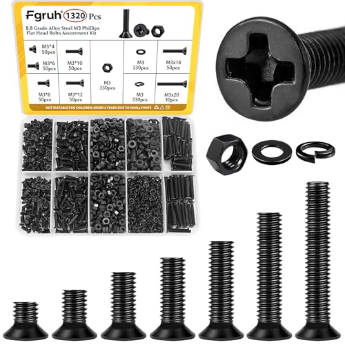 1320pcs M3 Countersunk Screws Assortment Kit, M3x4/6/8/10/12/16/20 mm Phillips Flat Head Bolts and Nut Assorted Set, Machine Screws Grade 8.8 Alloy Steel Black Zinc Plated - size: M3 1320pcs