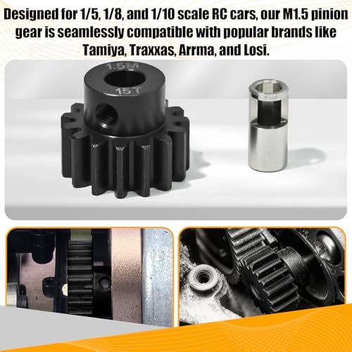 M1.5 15T Pinion Gear 8mm Bore with 8mm to 5mm Shaft Adapter Sleeve, Chromium Steel Motor Gear with Set Screw & Hex Key for Traxxas ARRMA Losi 1/5 1/8 RC Cars - size: 15T