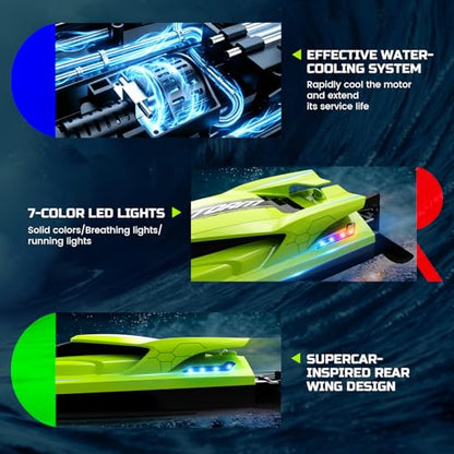 DEERC Fast Brushless RC Boat for Adults 40+KPH, 19" High Speed Racing Boat, 3S 2500mAh Li-po Battery, Self-Righting, 2.4GHz Remote Control Boat W/Lights, Dual Waterproof for Lake, Pool & Saltwater S7
