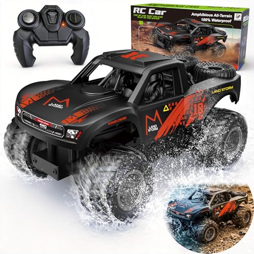 Amphibious Remote Control Car Monster Truck - 4WD Waterproof 1:16 Large All Terrain Off Road Vehicle Batteries RC Drift Cars Beach Pool Toys Gifts for Boys Kids 8-12 - color: Orange