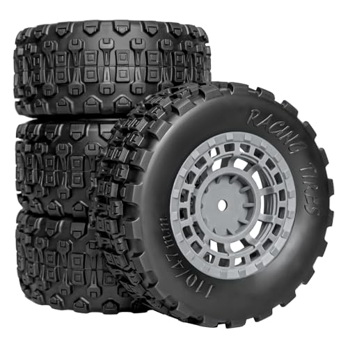 Pre-Glued 12mm Hex RC Wheels and Tires for 1/10 RC Short Course Truck, 4PCS | Compatible with 1/10 Arrma Senton Traxxas Slash Axial Losi Axial Redcat - color: Black Tires B+ Gray Wheels