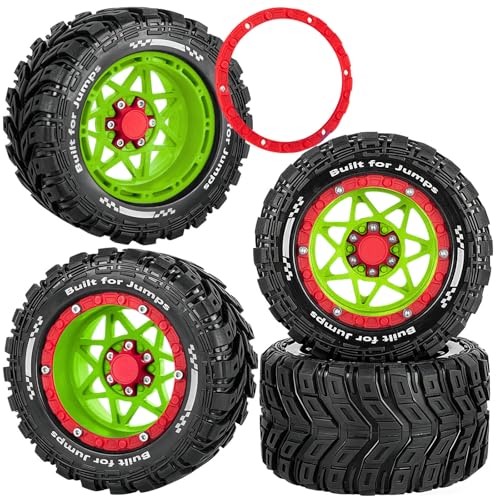 RC Truck Wheel and Tires for 1/16 Summit E-REVO Gorgon GROM MINI KRATON M-J-X H-B-X S-C-Y RC Car,Monster Truck Car Wheel Tires w/Plastic Wheels Rim,Soft Tire Highway Wheels (4PCS),Green Red - color: Green-red(rc Wheels Tires)