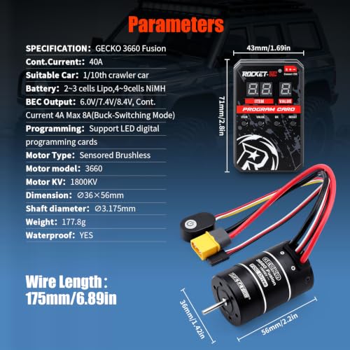 Gecko 3660 1800KV Motor +40A ESC Integrated Motor & ESC with Program Card | 1/10 RC Crawler Car Sensoredbrushless Power System, Internal 4-pole 2-3S LiPo Brushless Motor