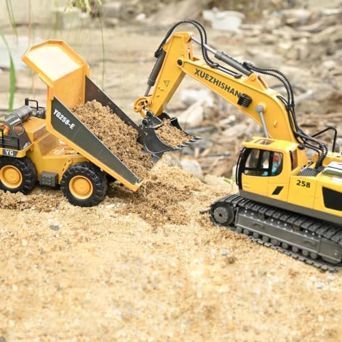 KidsFaves RC Dump Truck, 9CH Remote Control Dump Truck with Metal Dump Bed, 45° Lifting & 360° Rotation, 2 Batteries, Lights & Sounds, Construction Toy for Boys Age 3+ - style: dump truck