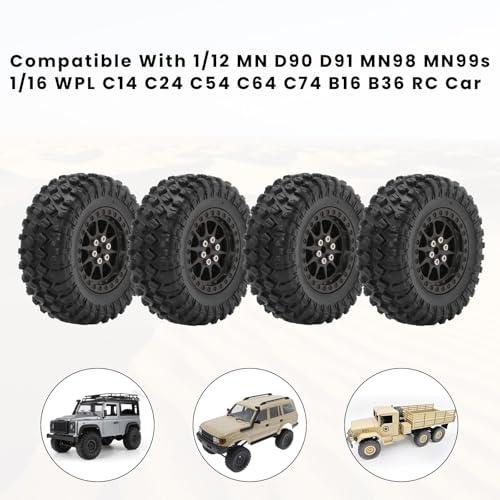 RC Tires & Wheels Set, 70x25mm Soft Rubber Tires with Foam Inserts, 5mm HexPlastic Beadlock Rims for 1/12 MN D90/D91/MN98/MN99S & 1/16 WPL C14/C24/C54/C64/C74/B16/B36 (A;Black) - color: A;Black