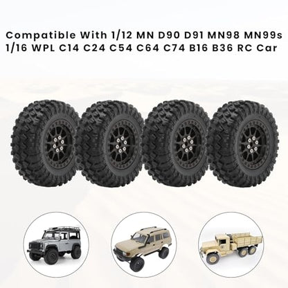 RC Tires & Wheels Set, 70x25mm Soft Rubber Tires with Foam Inserts, 5mm HexPlastic Beadlock Rims for 1/12 MN D90/D91/MN98/MN99S & 1/16 WPL C14/C24/C54/C64/C74/B16/B36 (A;Black) - color: A;Black