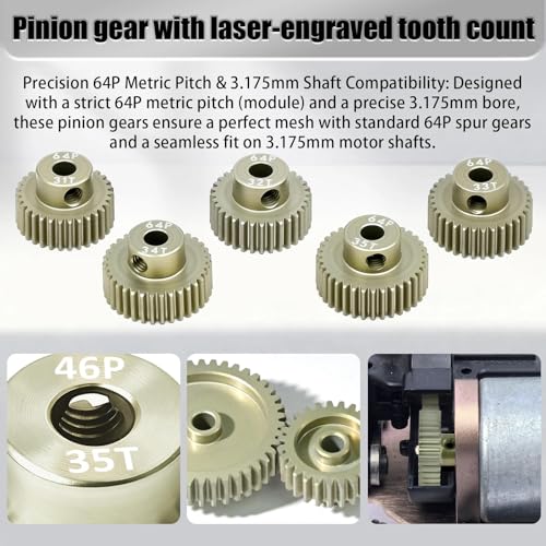 5Pcs 64P Aluminum Alloy Pinion Gear Set 3.175mm 31T 32T 33T 34T 35T Motor Pinion Gear W/ M4 Screw and Hex Key, Fit 3.175mm (1/8-Inch) Shaft, for Arrma HPI Kyosho Losi Axial Traxxas Tamiya 1/10 RC Car - size: 64P-3.175mm-31-35T