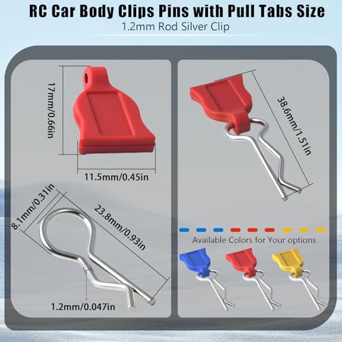 RC Body Clips with Pull Tabs, 1.2mm Stainless Steel R Clips Body Pins for 1/10 1/12 RC Cars, Trucks, Crawlers, Buggy & Touring Cars, Compatible with Traxxas Axial Arrma Redcat HPI HSP Himoto, 20-Pack - color: Red