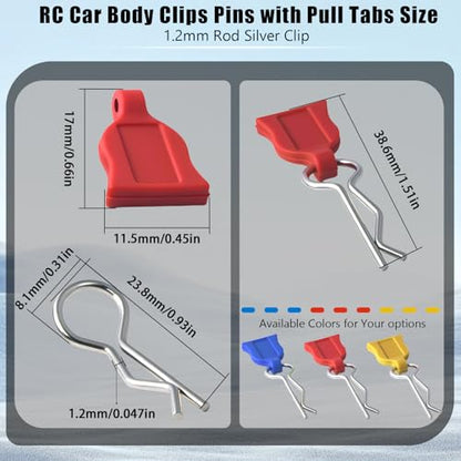 RC Body Clips with Pull Tabs, 1.2mm Stainless Steel R Clips Body Pins for 1/10 1/12 RC Cars, Trucks, Crawlers, Buggy & Touring Cars, Compatible with Traxxas Axial Arrma Redcat HPI HSP Himoto, 20-Pack - color: Red