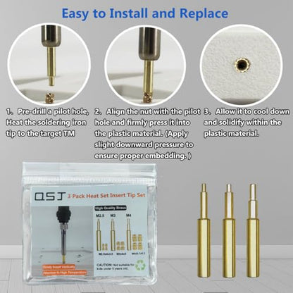 QSJ 12pcs M2.5 M3 M4 Threaded Inserts with 3 Size Soldering Iron Tips Heat Set Insert Tip Brass Nut for 3D Printed Plastic Parts - size: (12pcs) M2.5, M3, M4