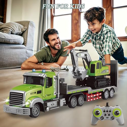 Fistone RC Semi-Trailer Truck & Excavator Toy Set, 1:12 Scale with Sound and Lights, 2.4Ghz Remote Control Flatbed Truck and Excavator Toys for Boys 6-12 Years Old - style: Truck & Excavator Toy