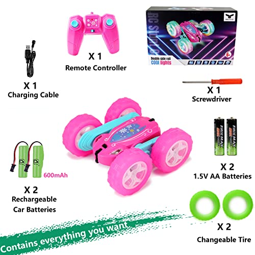 FREE TO FLY Remote Control Car for Girls : Pink RC Car Double Sided 360°Flip Stunt Cars with Headlights & WheelLights Rechargeable Toy Car Birthday Gifts for Girl Kids Age 6 7 8 9 10 11 12 Year Old - color: Pink Rose