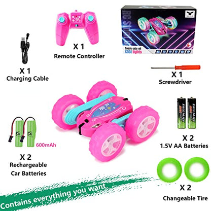 FREE TO FLY Remote Control Car for Girls : Pink RC Car Double Sided 360°Flip Stunt Cars with Headlights & WheelLights Rechargeable Toy Car Birthday Gifts for Girl Kids Age 6 7 8 9 10 11 12 Year Old - color: Pink Rose