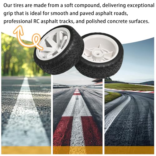 OD 2.65" On Road Rubber Tires Plastic Wheel Rims 12mm Hex for 1/10 RC Car | Compatible with MJX HSP Tamiya HPI Kyosho Traxxas Sakura Redcat WLtoys 1/10 RC On-Road Racing Touring Car (4pcs, White) - style: D-White