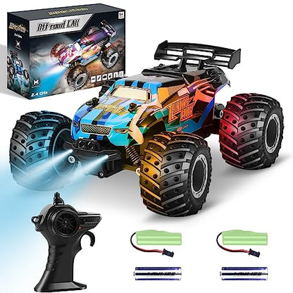 Remote Control Car, Remote Control Truck, 2.4Ghz All Terrain Rc Cars | 20 KM/H Off-Road Monster Truck with LED Bodylight and 2 Rechargeable Batteries Toys for Boys