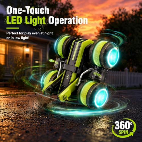 High Speed RC Stunt Car 25KM/H, 2.4GHz 4WD Remote Control Drift Car | Upright & Side Driving, One-Click Auto Stunts, Tire Flipping, 360° Rotation, Birthday Toy Gift for Kids Boys Ages 4-12 - color: Green