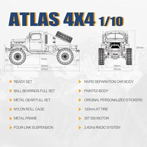 FMS Rochobby 1/10 Atlas Ready Set RC Crawler RC Truck 4X4 with Lighting, 2.4GHz Radio,Ball Bearing, Metal-Gear Full,4 Link Suspension,Rapid Separation Car Body for Adult (Yellow) - color: 1/10 Yellow