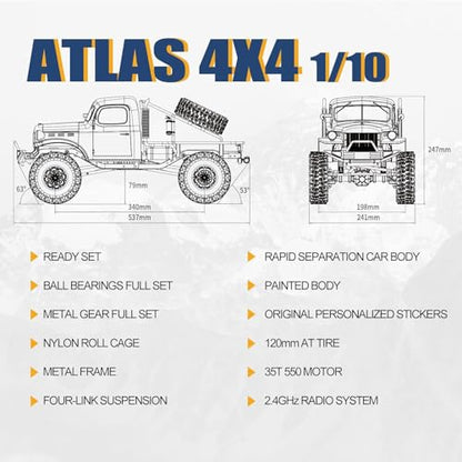 FMS Rochobby 1/10 Atlas Ready Set RC Crawler RC Truck 4X4 with Lighting, 2.4GHz Radio,Ball Bearing, Metal-Gear Full,4 Link Suspension,Rapid Separation Car Body for Adult (Yellow) - color: 1/10 Yellow
