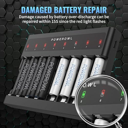 POWEROWL AA AAA Battery Charger 8 Bay, Independent Slot, USB Fast Charging for Ni-MH Ni-CD Rechargeable Batteries (Pack of 2) - size: Ultra-thin (Pack of 2)