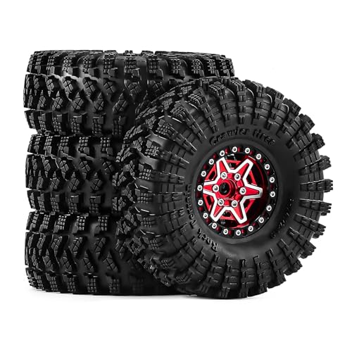 1.9" Beadlock Wheels and Tires 120mm (4.72in) for SCX10, TRX4, and 1/10 RC Crawlers, CNC Aluminum Alloy Rims, Soft Tires with Foam Inserts, Tool Included (Red+W tires) - color: Red+W tires