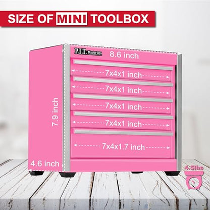 P.I.T. Mini Tool Box,Small Metal Toolbox Organizer with 5 Drawers,Pink | 8.6"W X 4.6"D Cute Size,Q235 Steel,Magnetic Locking Mechanism,PVC Drawer Liners - color: Pink, size: 5-Drawer